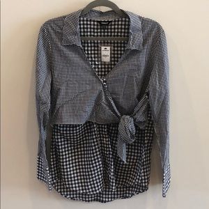 NWT Blue Mixed Gingham Tie Front Surplice Shirt. M